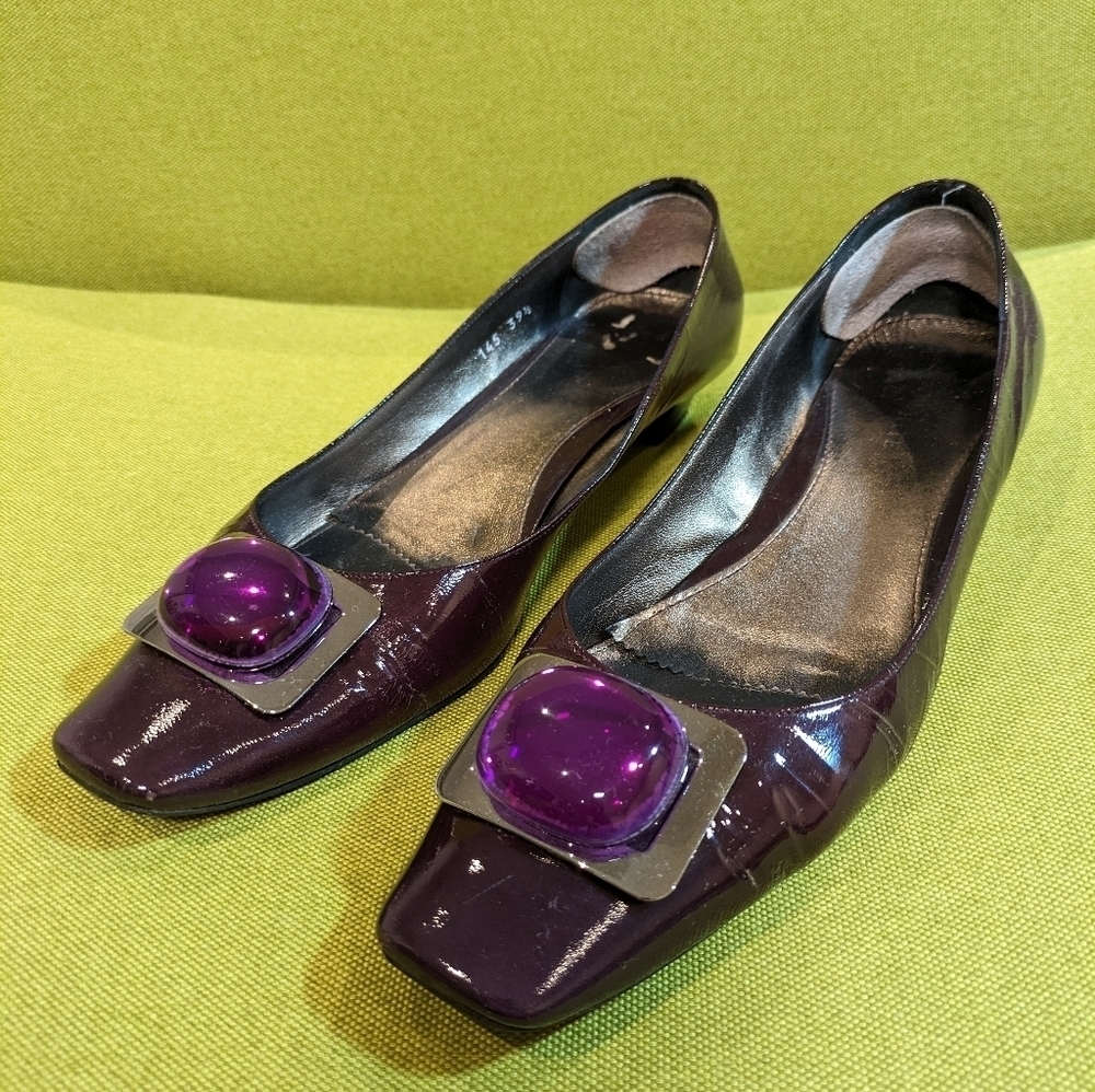Ron White Patent Leather Flats Purple Acrylic Buckle Square Toe 39.5